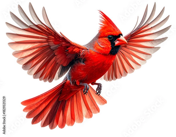 Fototapeta Red Cardinal Bird in Flight with Outstretched Wings, isolated on white transparent background, png element. Northern cardinal symbol of Christmas