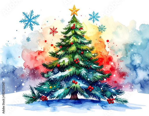 Fototapeta  Watercolor christmas tree with transparent background festive elements artistic design for holiday