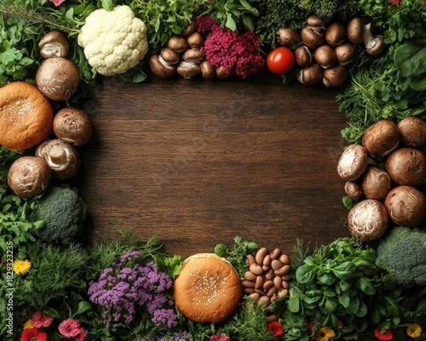 Fototapeta Wooden background bordered by fresh vegetables, herbs and flowers. Perfect for advertising organic food or healthy eating concepts.