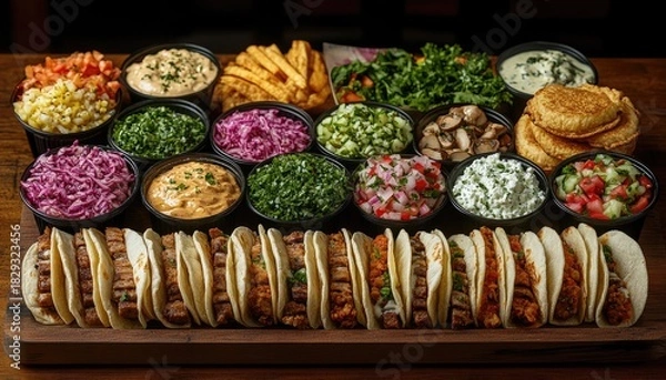 Obraz Assortment of fresh tacos and diverse toppings displayed on a rustic wood board. Showcasing variety of flavors, perfect for a restaurant menu or food blog.