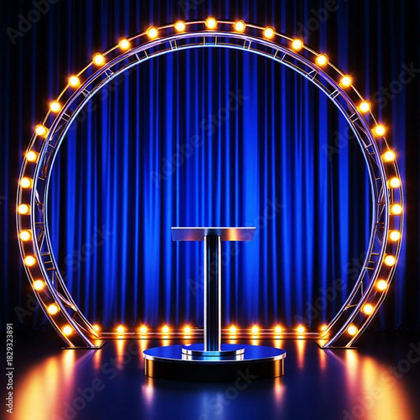 Fototapeta Illuminated circular stage arch with pedestal against blue curtain