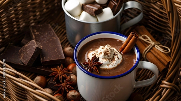 Fototapeta Cozy winter warmth rich hot chocolate with cream marshmallows and spices in a rustic setting