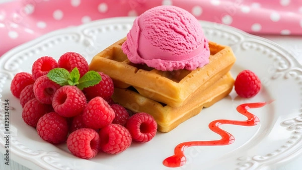Fototapeta Delicious stacked golden waffles topped with strawberry ice cream and fresh raspberries