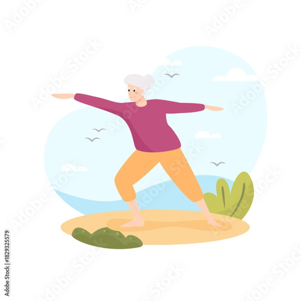 Obraz granny doing yoga post on the beach