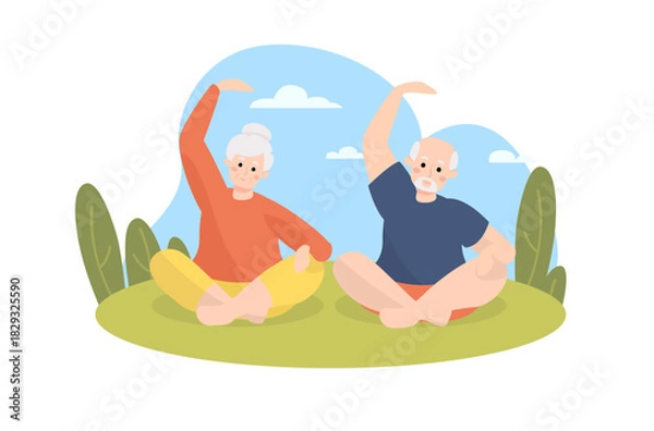 Obraz elderly couple doing yoga post outdoor