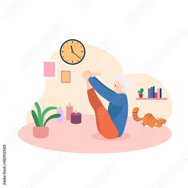 Obraz happy granny doing yoga post indoor