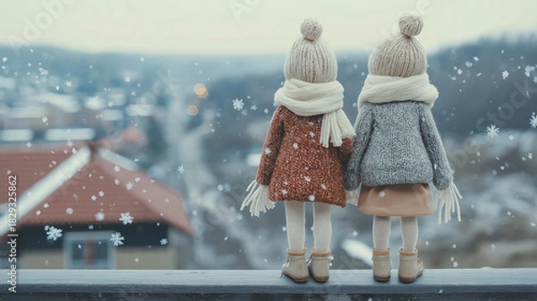 Fototapeta Adorable knitted dolls share winter view watching snowfall and dreaming of holidays together fondly