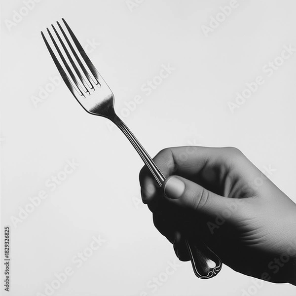 Fototapeta Elegant hand holding a fork ready for a delicious meal, creating anticipation and culinary delight