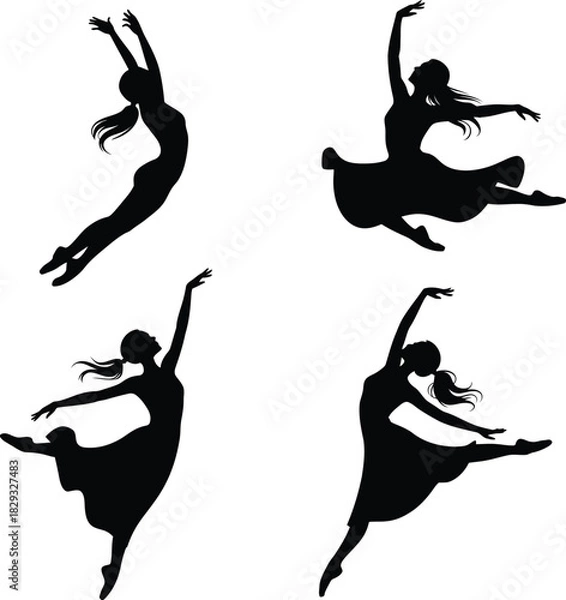 Fototapeta Black and white silhouette illustration of dancing in a white background.