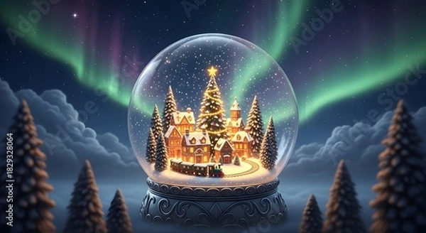 Obraz Enchanting Christmas Snow Globe Under the Northern Lights