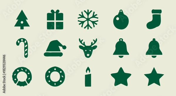 Obraz Flat Green Christmas Icons Set