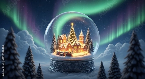 Obraz Magical Snow Globe Scene with Northern Lights Illuminating a Festive Village and Snowy Trees