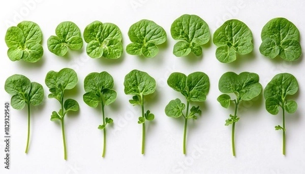 Obraz Fresh, bright green spinach sprouts lie on a stark white background. Use this for healthy food, fresh ingredients or growth concept.
