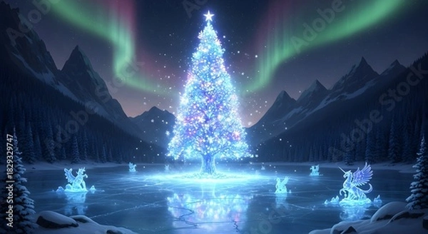 Obraz Enchanted Christmas Tree on a Frozen Lake Under the Northern Lights A Festive Winter Wonderland