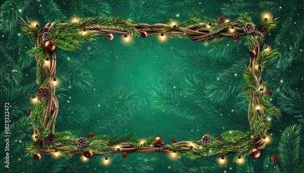 Fototapeta Festive Christmas Frame with Lights and Greenery on Emerald Background.