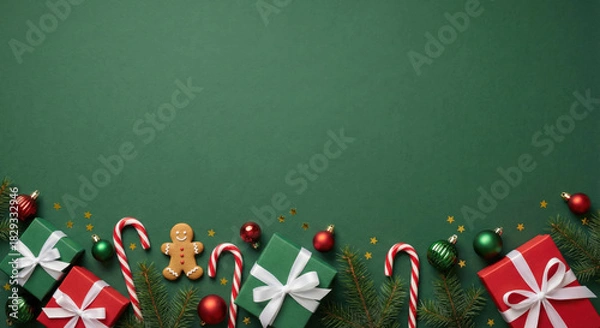 Fototapeta Christmas holiday background with festive decorations, gift boxes, candy canes, and fir branches on a green surface with copy space.
