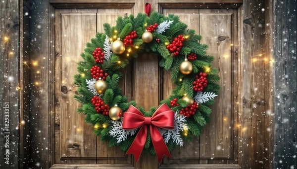 Fototapeta Festive Christmas Wreath Adorned with Ornaments and a Red Bow.