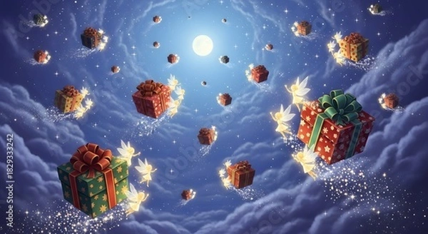 Obraz An enchanted Christmas night scene with magical flying presents and angelic helpers soaring under a full moon