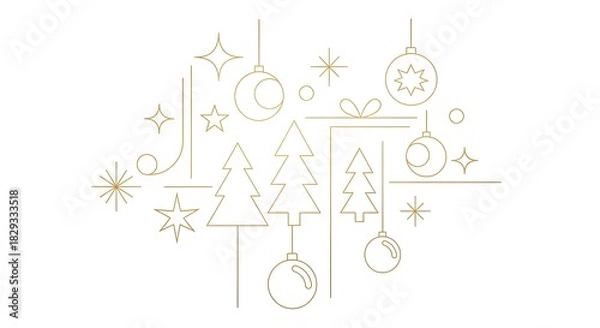 Obraz Festive gold line art collection featuring Christmas trees, stars, and baubles on a white background