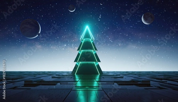 Fototapeta Futuristic Christmas Tree in Space with Planets and Stars.