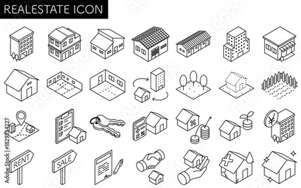 Obraz 印刷で使いやすい白黒アイコン：不動産購入、戸建てやマンション、店舗、住宅ローンや農地などのシンプルな線画アイソメトリックイラスト