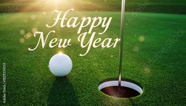 Obraz Happy New Year Golf Ball Near the Hole on Green Grass.