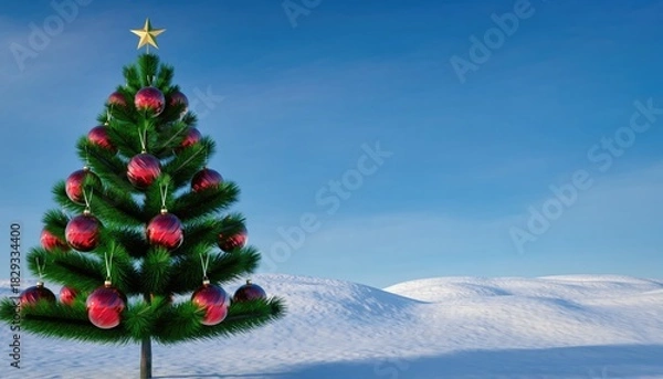 Obraz Christmas Tree in Snowy Landscape with Red Ornaments and Star.