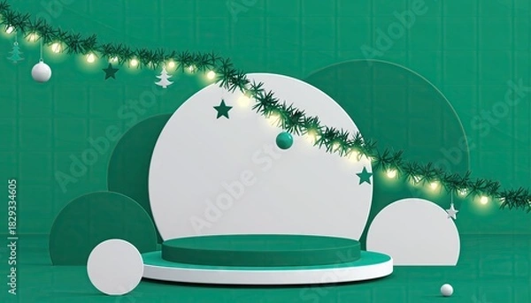 Obraz Festive Christmas Stage with Decorations and Green Backdrop.