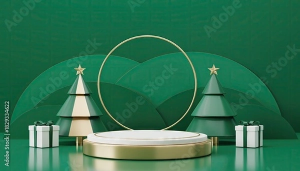 Obraz Festive Christmas Scene with Trees, Gifts, and Podium.