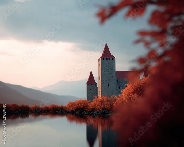 Fototapeta magical fairytale castle surrounded by vivid nature and enchanting scenery