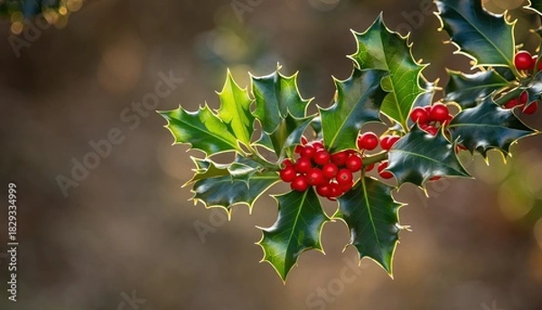 Obraz Close-up of Holly Branch with Red Berries and Green Leaves.
