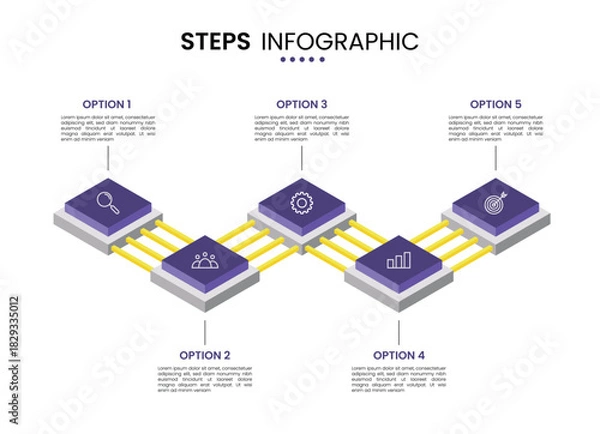 Obraz 5 step connected chip circuit technology isometric infographic elements for presentation template design