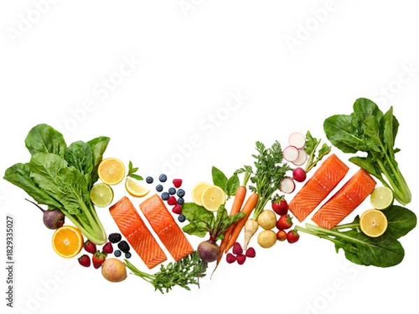 Obraz Vibrant Arrangement of Fresh Salmon, Colorful Vegetables and Fruits for a Healthy Lifestyle