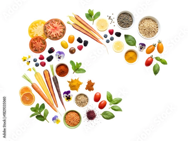 Obraz Vibrant Culinary Ingredients Arrangement Showcasing Fresh Vegetables, Herbs, and Spices for Delicious Cooking