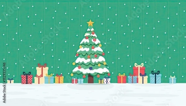 Obraz Festive Christmas Scene with Decorated Tree and Gift Boxes.