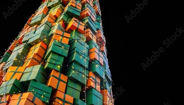 Fototapeta Christmas Tree Made of Gift Boxes with String Lights.