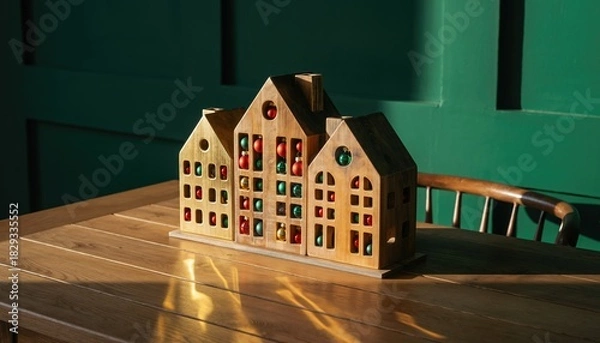 Obraz Decorative wooden houses on a table with colorful windows.
