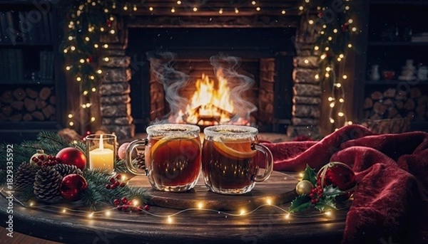 Obraz Cozy fireplace scene with warm drinks and festive decorations.