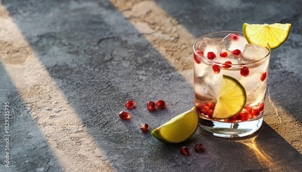 Obraz Refreshing cocktail with lime and pomegranate on a textured surface.