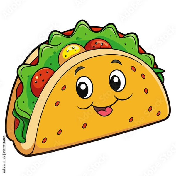 Fototapeta Happy cartoon taco character with lettuce tomatoes and cheese