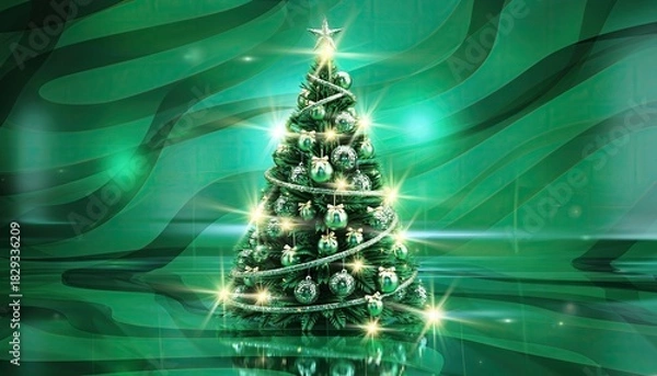 Obraz Festive Christmas Tree with Ornaments and Lights on Green Background.