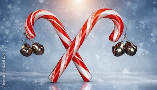 Obraz Festive Candy Canes with Jingle Bells on Snowy Background.
