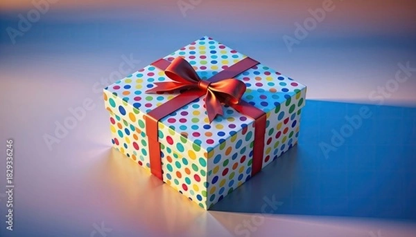 Fototapeta Colorful Gift Box with Red Ribbon on Blue Surface.