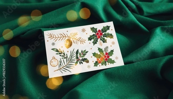 Obraz Christmas card with festive decorations on green satin fabric.