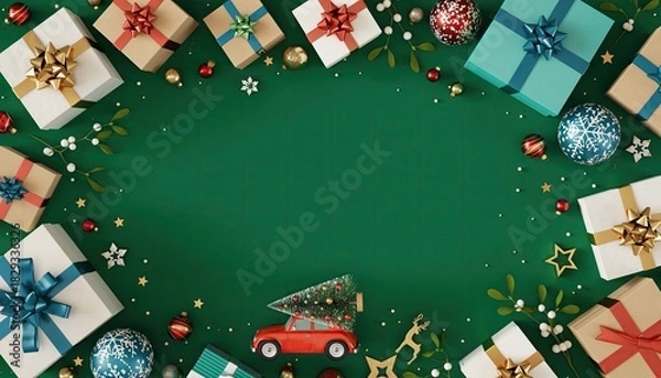 Obraz Festive Christmas Scene with Gifts, Ornaments, and a Red Car Carrying a Christmas Tree.
