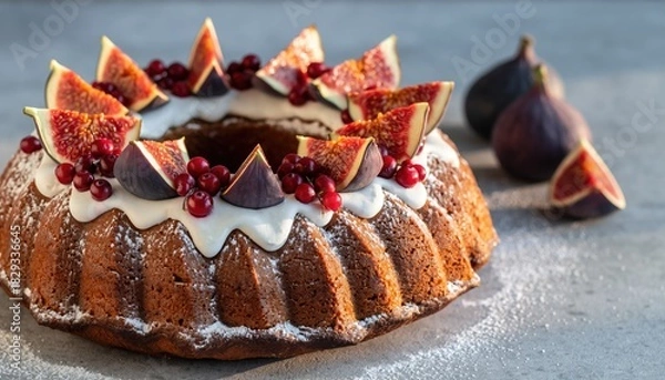 Fototapeta Delicious Bundt Cake with Fresh Figs and Berries on a Gray Surface.