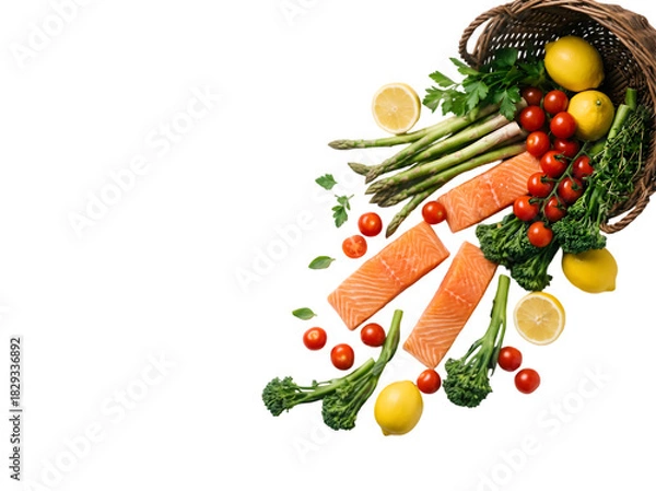 Obraz Vibrant Salmon and Fresh Vegetables Spread with Citrus Accents on a Rustic Background