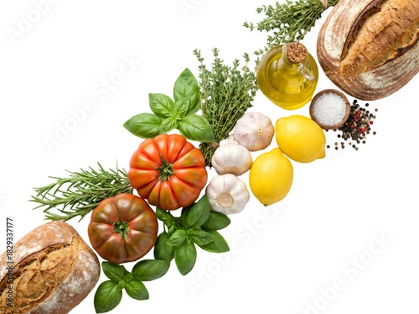 Obraz Vibrant Arrangement of Fresh Ingredients Featuring Tomatoes, Aromatic Herbs, and Rustic Bread