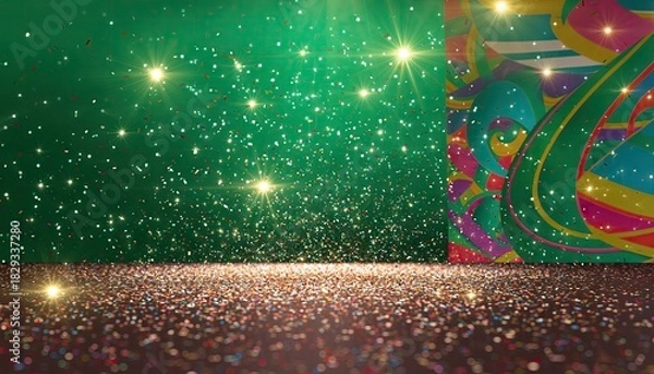Fototapeta Festive Green Backdrop with Confetti and Glittering Lights.