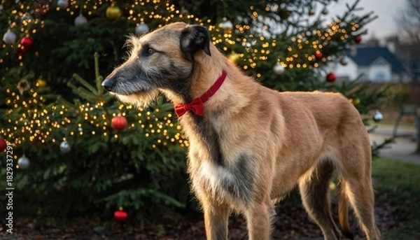 Obraz Dog Posing in Front of Christmas Tree with Lights and Ornaments.